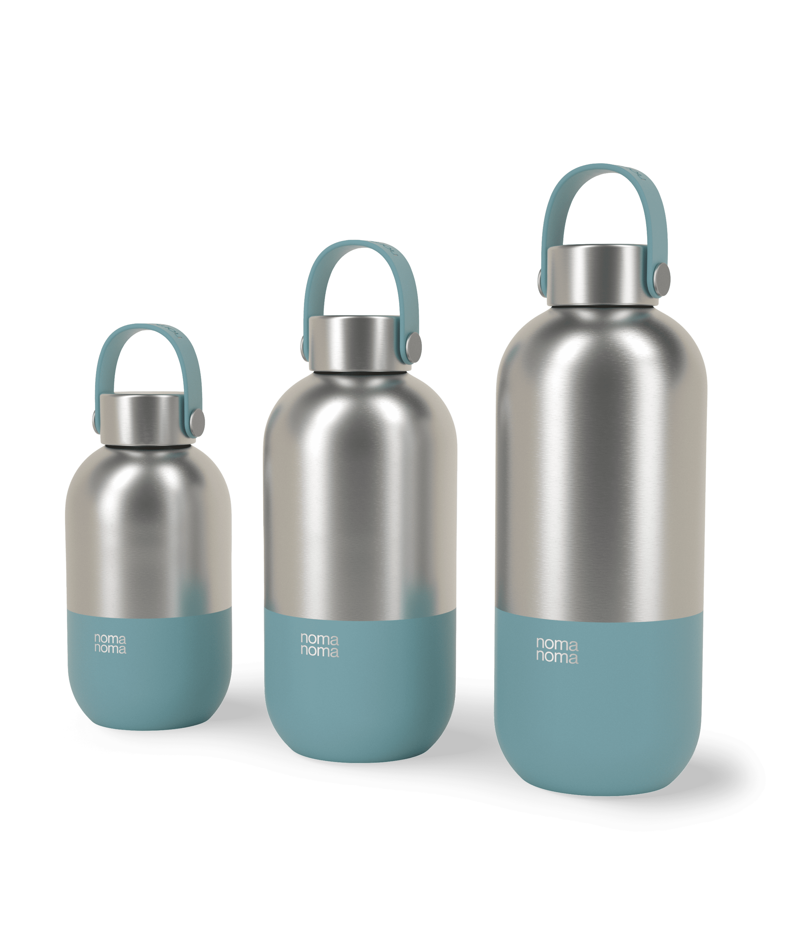 Die aqua blue noma noma Edelstahl Trinkflasche in drei verschiedenen Größen.
