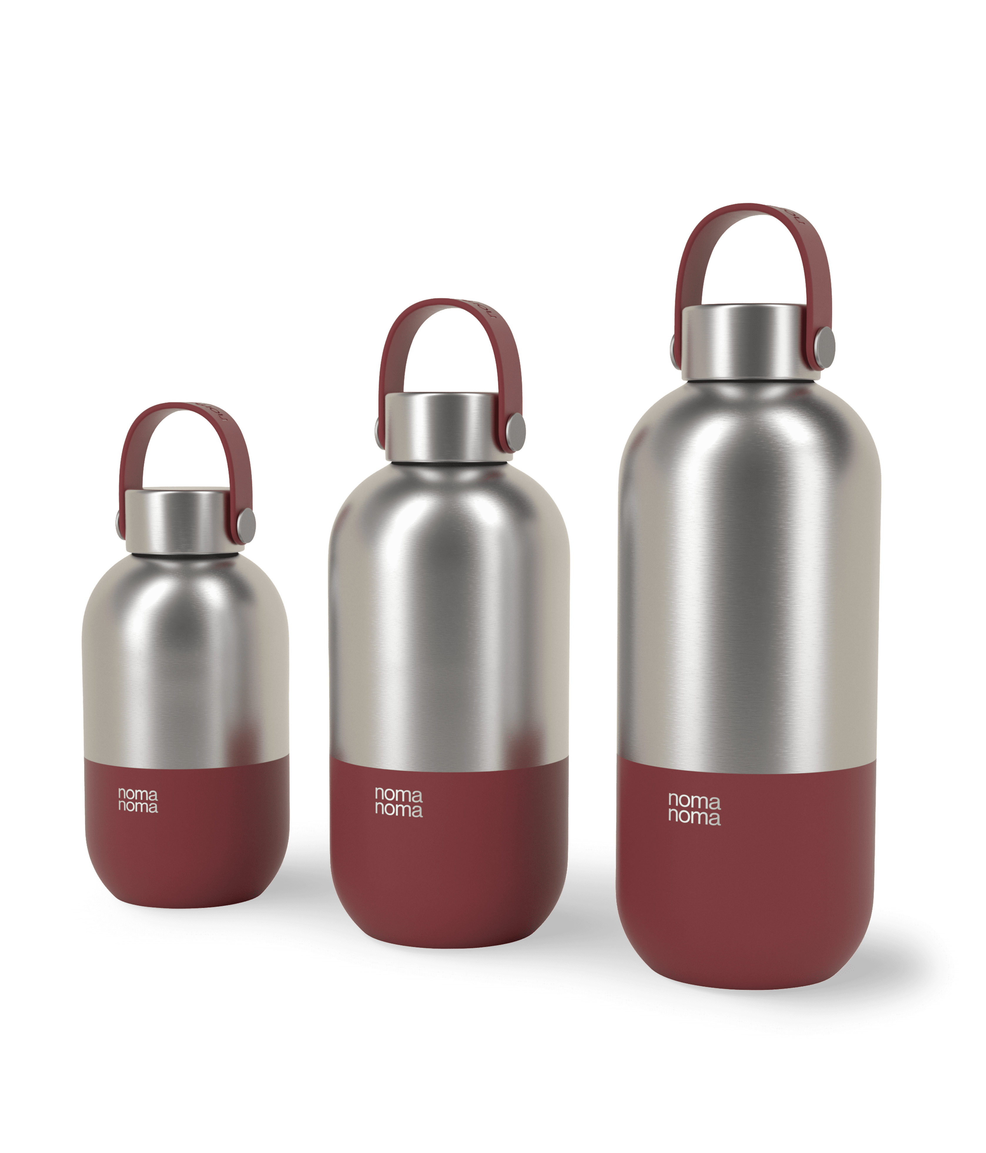 Die grenadine red noma noma Edelstahl Trinkflasche in drei verschiedenen Größen.