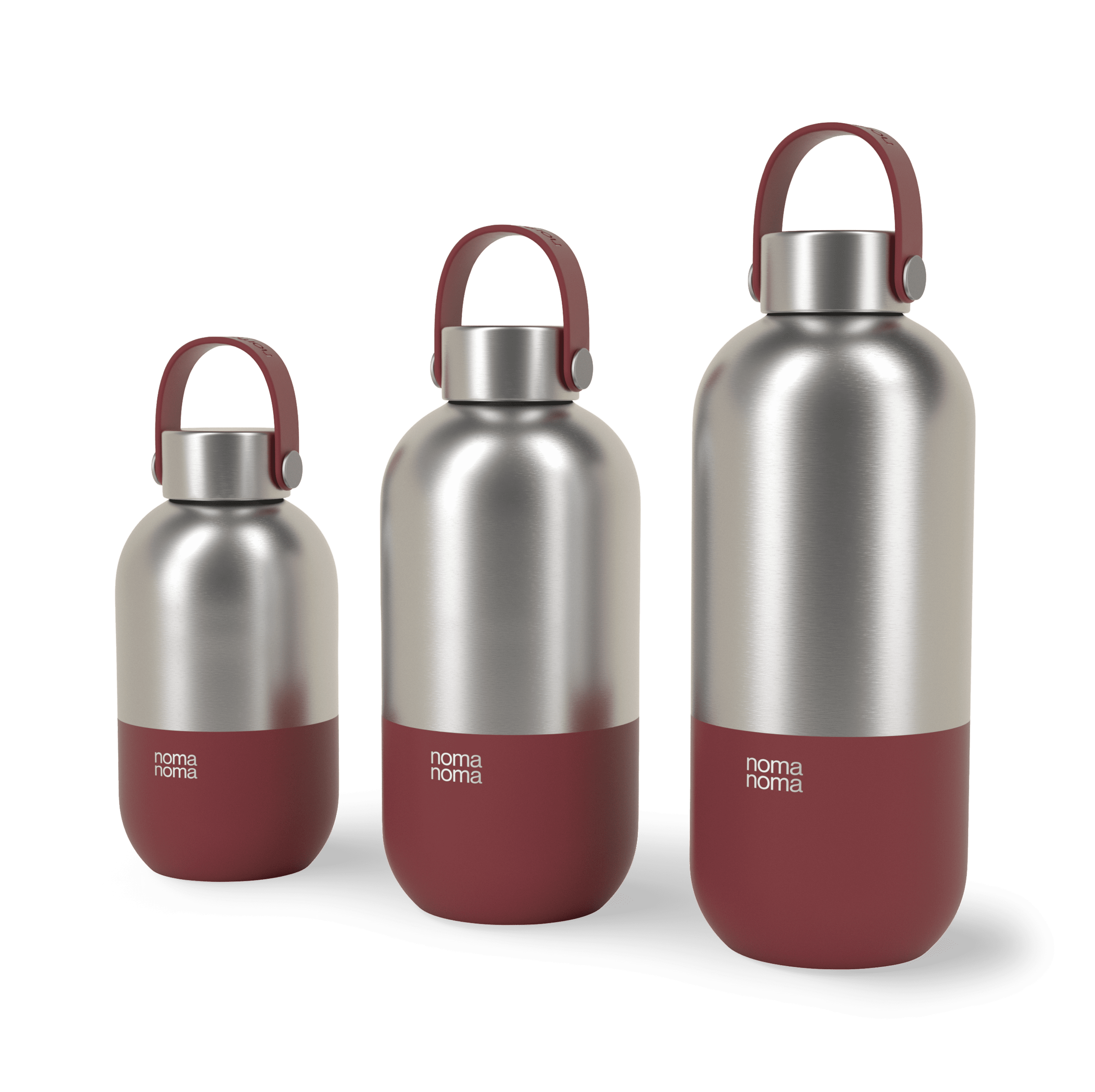 Die grenadine red noma noma Edelstahl Trinkflasche in drei verschiedenen Größen.