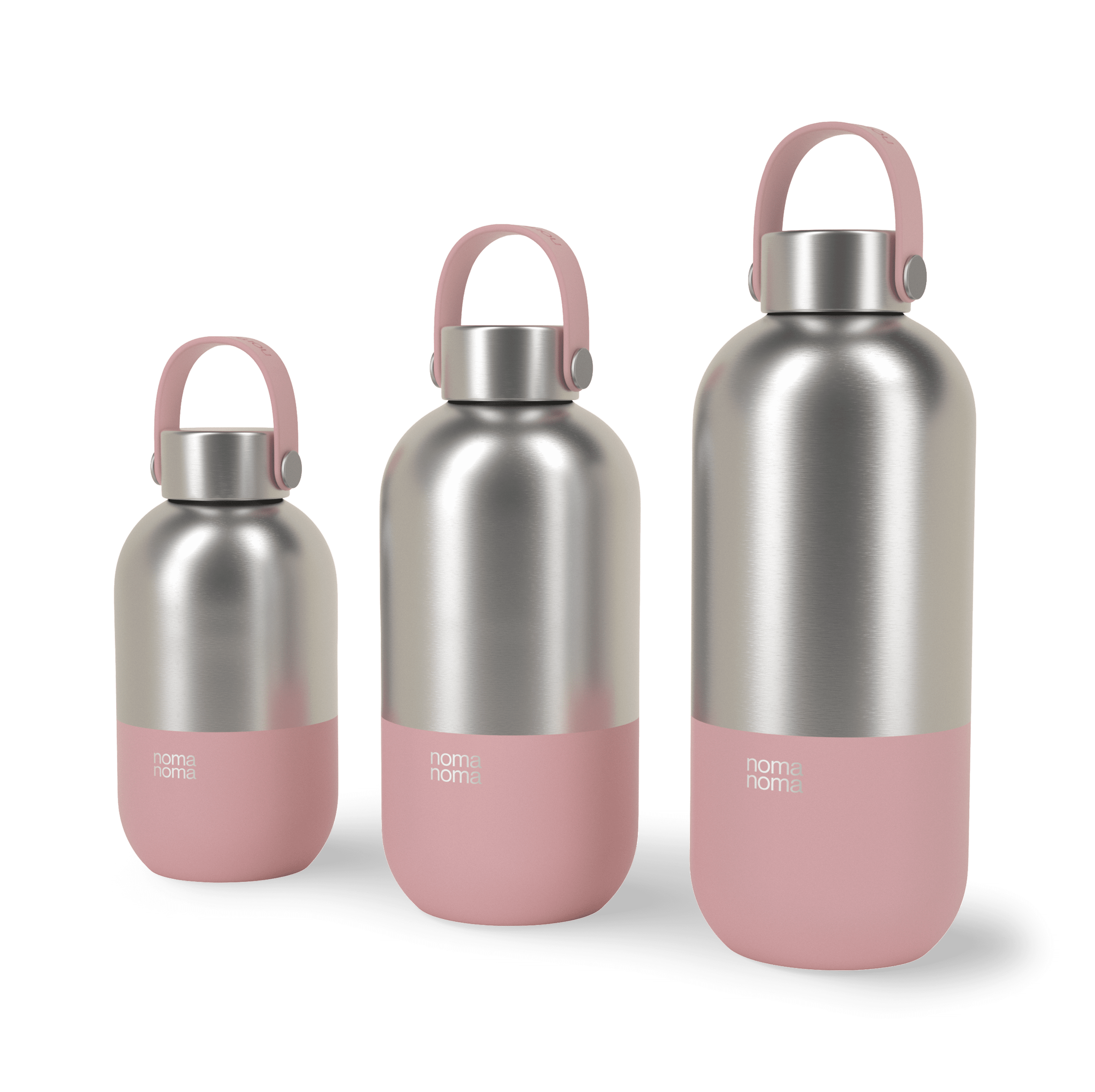 Die milkshake pink noma noma Edelstahl Trinkflasche in drei verschiedenen Größen.