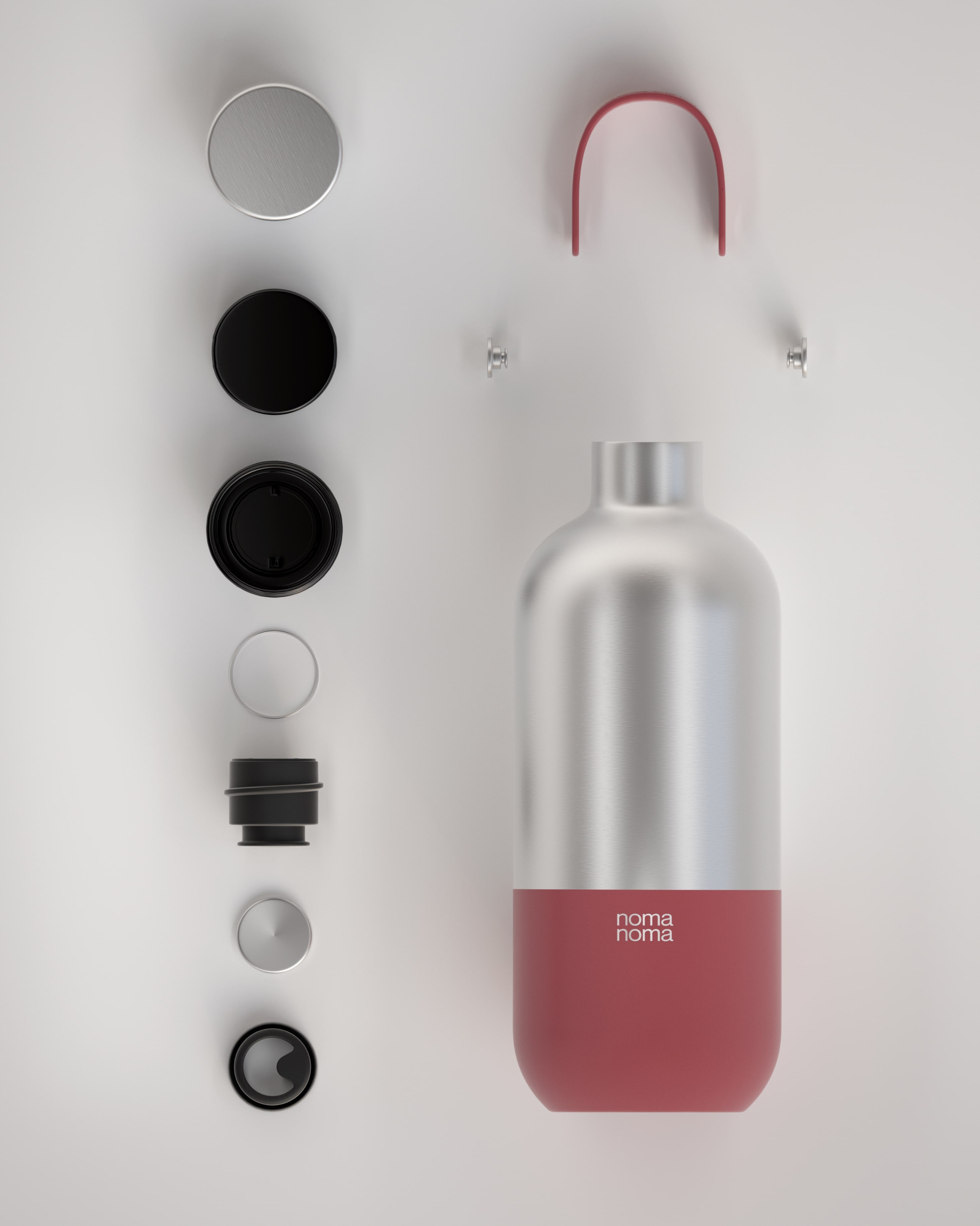 Die noma noma Trinkflasche Edelstahl in rot (1000ml) auf einer Fläche liegend und aufgeteilt in alle Einzelteile